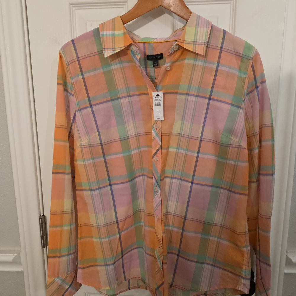 Talbots Pastel Plaid Button-Up Blouse in Peach, Lavender, Mint